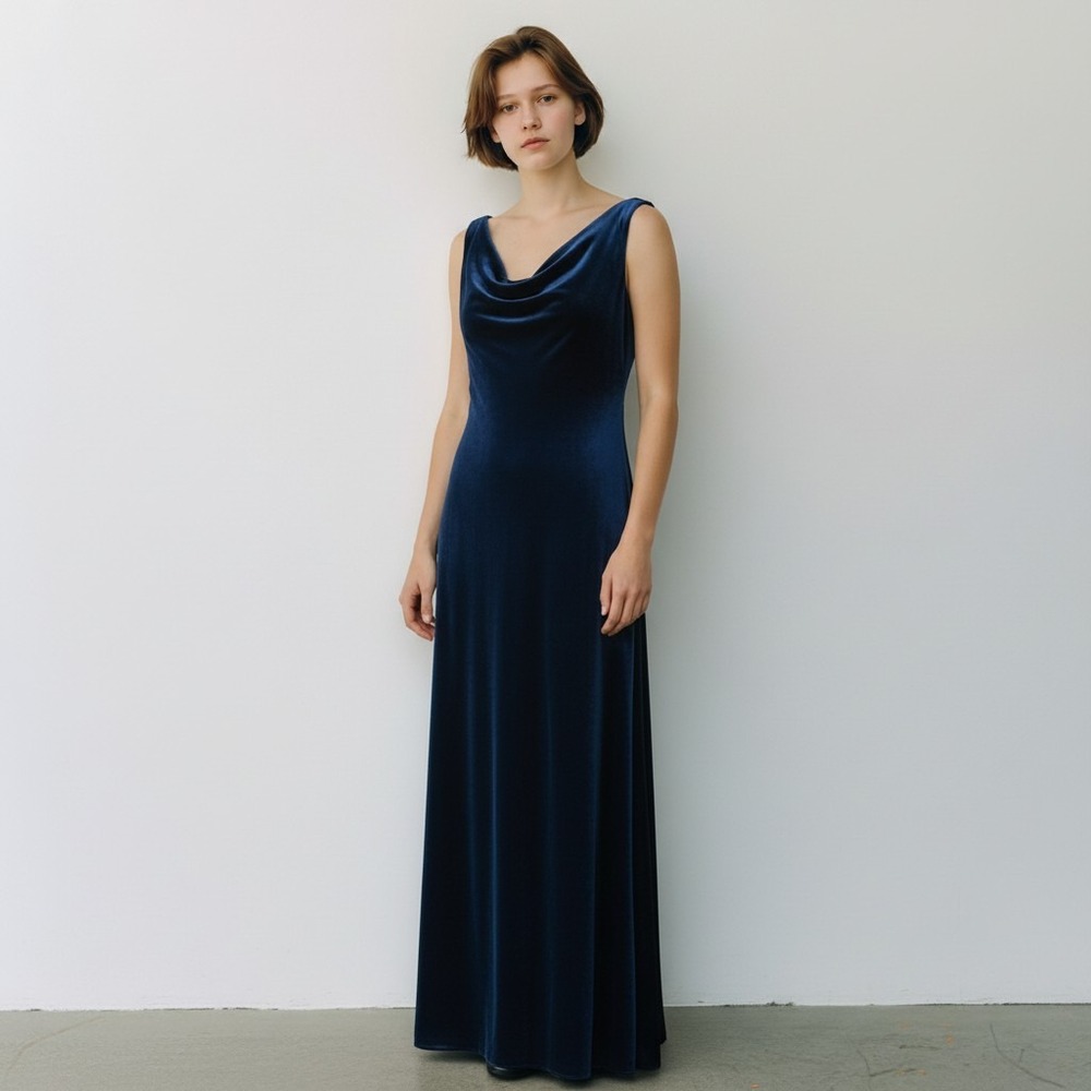Alex‎ Evenings Dress Women 12 Blue Maxi Sleeveless Gown Velvet Cowl Neck Stretch